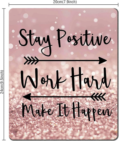 Custom Gaming Mouse Pad, Inspirational Quotes "Stay Positive Work Hard" Art in Rose Gold and Silver Glitter