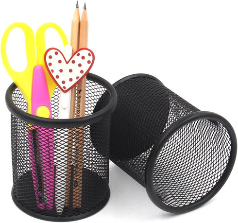 EasyPAG 2-Pack Metal Mesh Pen Holder - 3.8" Desk Organizer for Office/Home/School, Black with Non-Slip Base