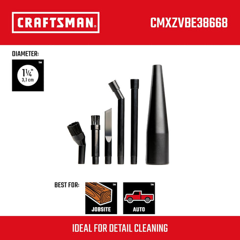 CMXZVBE38668 1-1/4 6-Piece 1-1/4 CRAFTSMAN in. Micro-Cleaning Wet Dry Vac Attachment Kit, Industrial-Grade Shop Vacuum