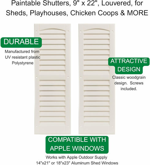 9" 22" 1 Shed Shutters Louvered W x H for Sheds, Playhouses, and Chicken Coops Pair (Paintable)