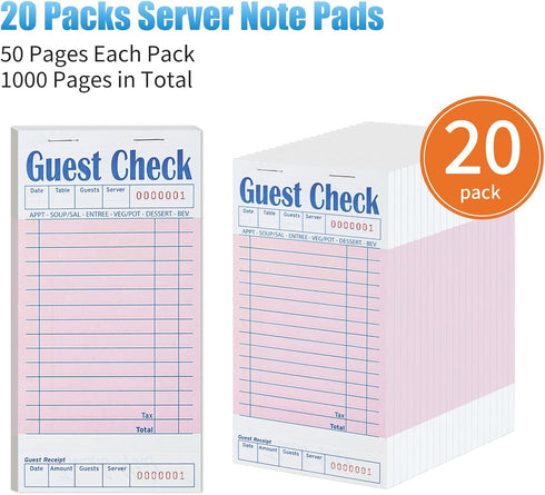 1000 20 Pack Pink Guest Check Ticket Pads - for Servers and Waitstaff