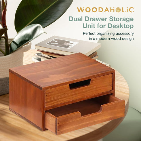 Double Drawer Desktop Storage Organizer, Modern Wood Design 2-Drawer Stackable Unit, Mahogany Wood