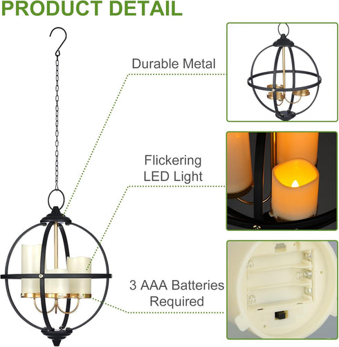 SUNNYPARK 3 12.6" Battery Operated Outdoor Candle Chandelier - Black and Gold Metal Globe Hanging Pendant Light