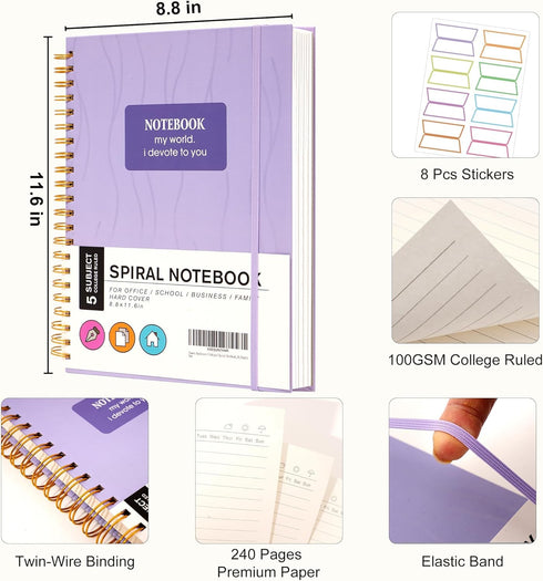 Yoment Subject Spiral Notebook 8.5 x 11, College Ruled Bound Journal, 100 GSM Thick Paper for Note Taking, Purple