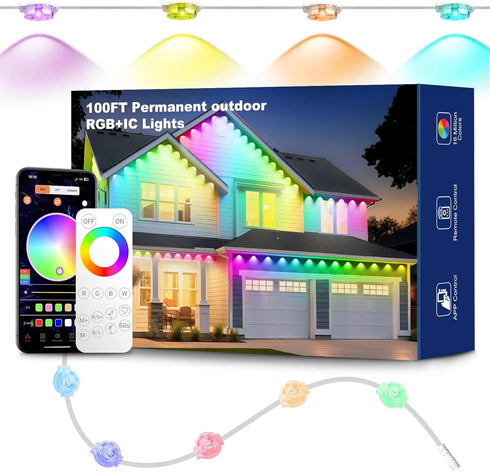 100ft RGB+ IC Permanent Outdoor Lights, Eaves Lights with 50 LED Lights,
