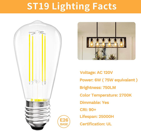Bulbs E26 2700K 750LM ST19 Bulb 75W Dimmable Bulb 90+ 3 Pack Edison Medium Base Soft White, Vintage LED Filament Clear