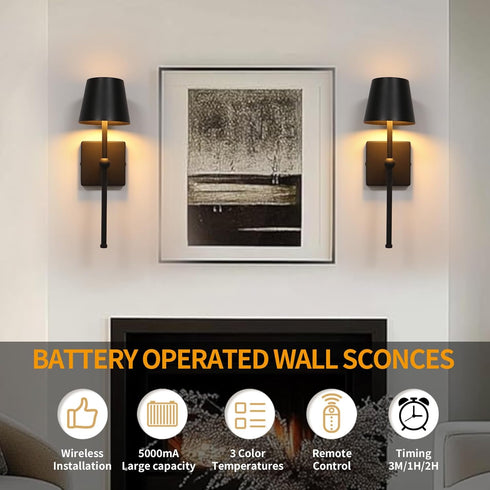 IZOKIN Set Battery Operated Wall Sconce Rechargeable Wireless Cordless Wall lamp Decor of one Black for Bedroom Living
