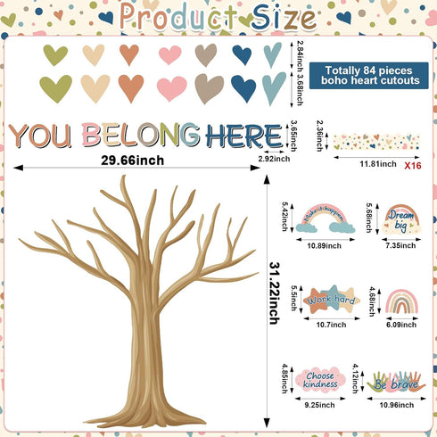Boho Classroom Tree Bulletin Board Decorations Heart Cutouts Border Welcome Classroom You Belong Here Bulletin Board Decor Supplies for Chalkboard Elementary School Home Wall(You Belong Here) by gisgfim