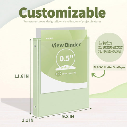 SUNEE 3 Ring Binder 1/2 Inch, 4 Pack, Clear Half Inch View Binder, PVC-Free, Neutral Aesthetic