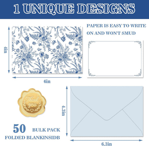 50 Pack Whaline Flower Stationery Cards with Envelopes Blank Thank You Note Cards Blue White Floral Print Greeting Card