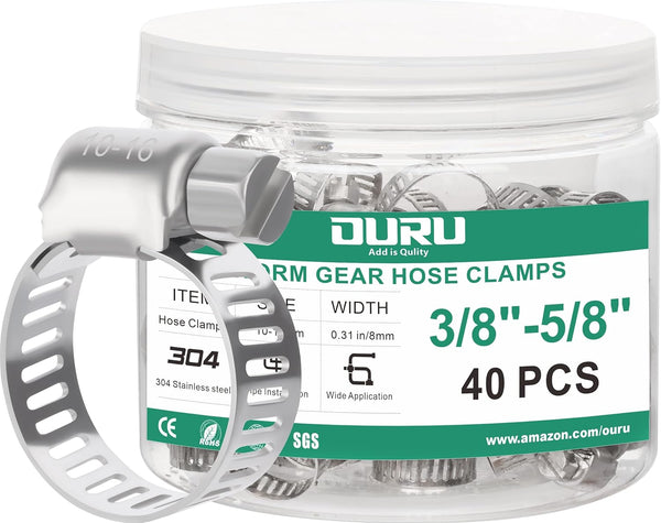 40PCS Hose Clamps Stainless Steel Adjustable 3/8"– 5/8"(10-16mm) Worm Gear Hose Clamp Kit for Automotive and Plumbing