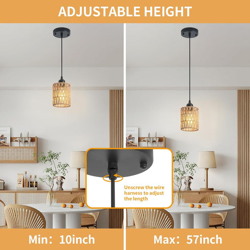 Rattan Chandelier Pendant Lights Kitchen Island,Farmhouse Boho Chandeliers Adjustable Height Hanging lamp for Dining