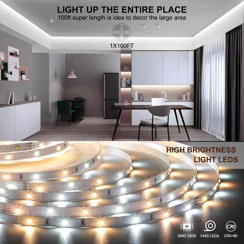 Wefomey 100ft Dimmable 2700K-6500K 24V 1440 White LED Strip Lights, Upgraded Bright LED Light Strip with Remote and App