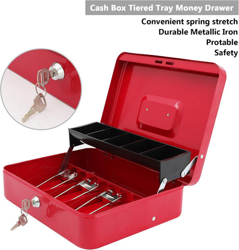 Key,Tiered,4 5 Slots,11.8" 9.5" 3.5",Red xydled Cash Box with Money Tray and Key Lock,Money lock box with Cash