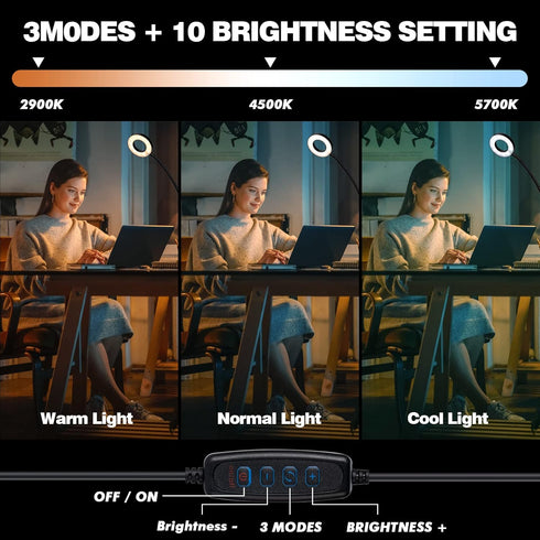 Desk Magnifying Glass with Light 5X, Clip on Desk Light with 3 Light Colors, 5W LED Desk Lamp with Clamp