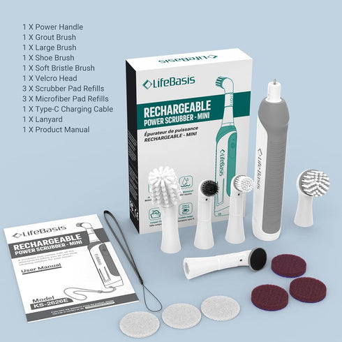 5 LifeBasis Rechargeable Power Scrubber, Cordless Electric Cleaning Brush, Water Resistant Small Electric Grout Brush