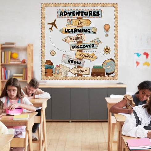 Travel The Map Bulletin Board Cutouts with Motivational Sign for Kids Let's Explore Voyage Classroom Decor