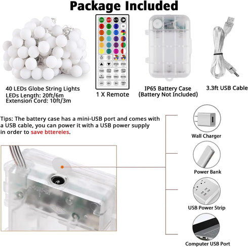 20FT 40 24 OMIKA Battery Powered String Lights, LED Color Changing Battery Operated Christmas Light, USB Powered