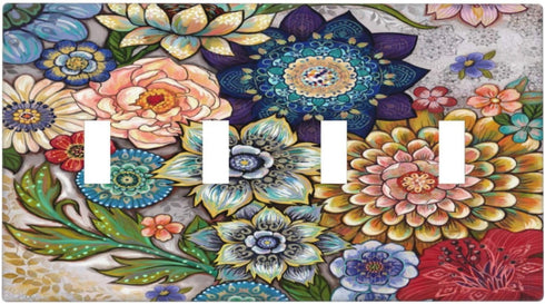 Boho Floral Bright 4 Gang Light Switch Cover: Quad Toggle Wall Plate Decorative Electrical Faceplate for Home