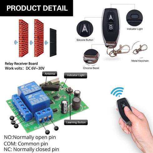 DieseRC DC 12V 24V 30V Secure Remote Control Switch: Universal Wireless 433MHz RF 10A Relay Receiver Board