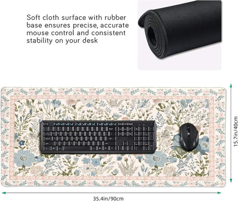 OUNNTC Aesthetic Pink Floral Desk Pad, XXL Large Mouse Pad for Desk with Anti-Slip & Stitched Edges, Keyboard Mat