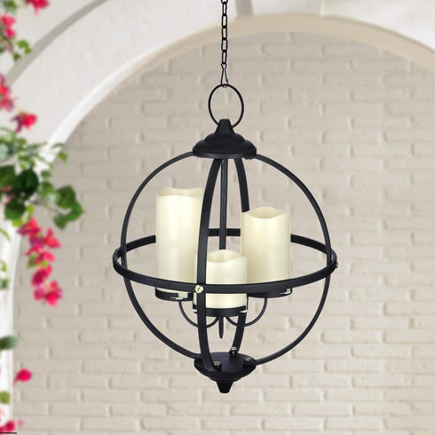 SUNNYPARK 3 12.6" Battery Operated Outdoor Candle Chandelier - Black Metal Globe Hanging Pendant Light with Flameless