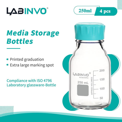 Glass Round Media Storage Bottles, 4pcs of Vol.250ml, 3.3 Borosilicate Glass Material, With GL45 Polypropylene Screw Cap in Aqua Blue Color, Type B Cap,IN-RB250A by LABINVO
