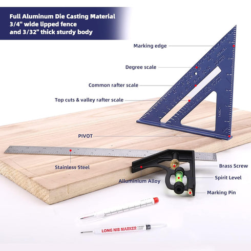 Rafter Square and 12 inch Combo Square Set,Carpentry Squares, Combination Square with Bubble Vial, Woodworking Square, Aluminum Rafter Square, Carpenters Square Blue)