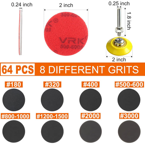 64 2 Inch 180 3000 1/4 PCS Sanding Disc Pad,Hook and Loop Sanding Pads to Wet Dry Sponge Sandpaper with Shank for Drill