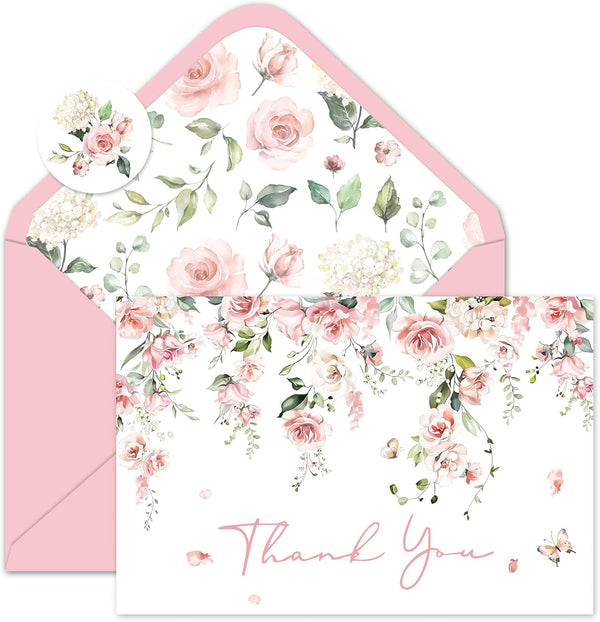 Whaline 50 Pack Pink Flower Thank You Cards Floral Thank You Greeting