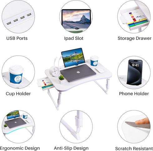 Height Adjustable Laptop Desk for Bed, Foldable Portable Bed Table with USB, Storage Drawer, Cup Holder, White