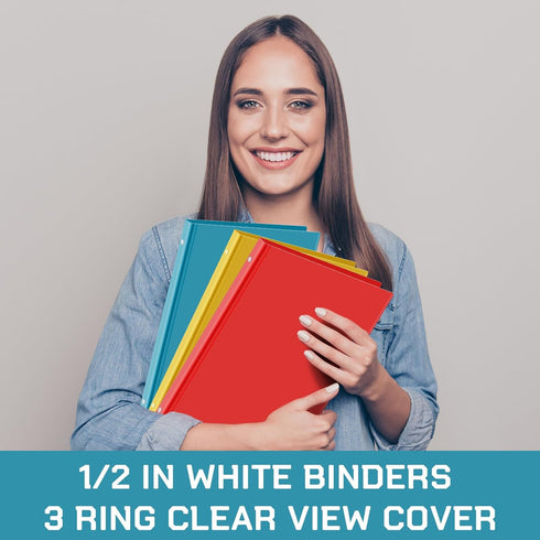 Fulmoon 6 Pack Plastic 3 Ring Binder, Assorted Colors, Flexible Round Ring Presentation Binders with Pocket (Bright,