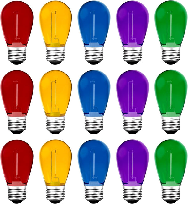 Meconard 15Pack S14 Colored LED String Light Bulbs, 1 Watt Plastic Shatterproof, E26 Medium Base, Multi-Color