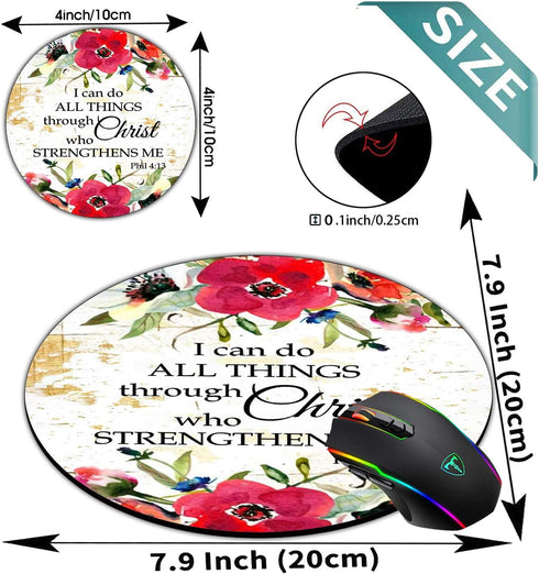 Round Mouse Pad and Coasters Set | Philippians 4-13 Scripture Inspirational Red Watercolor Flowers Mousepad