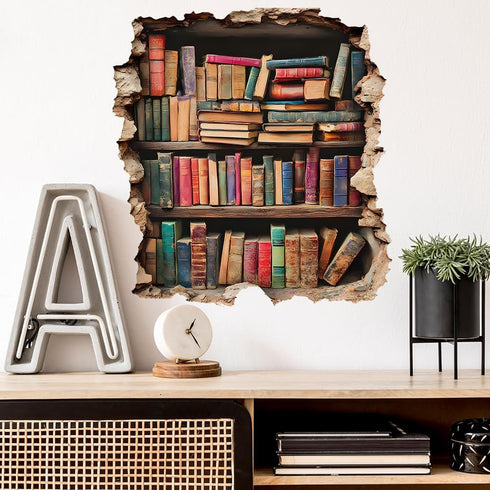 flaxarne 3D Bookshelf Wall Stickers Faux Hole Book Design Decorative PVC Wall Art for Bedroom Living Room Decoration