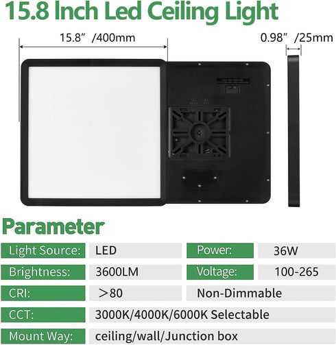 FY WISDOM FLY LIGHTING 16 Inch 36W 3600LM, 3000K/4000K/6000K Square LED Flush Mount Ceiling Light, CCT Selectable,Black