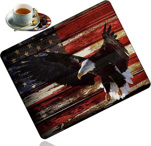 Gaming Mouse Pad with American Flag Art, Bald Eagle Design, Non-Slip Rubber Base, Coaster Set for Office or Gaming