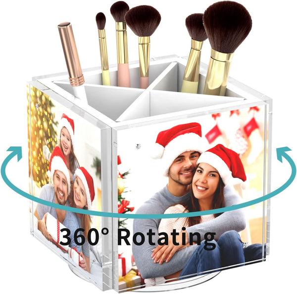 HIIMIEI Acrylic Rotating Pen Holder - Desk Organizer with Picture Frame for 4 Family Photos (White)