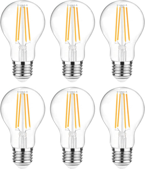 Ascher 60 Watt Equivalent, E26 LED Filament Light Bulbs, Warm White 2700K, Non-Dimmable, Classic Clear Glass, 6-Pack