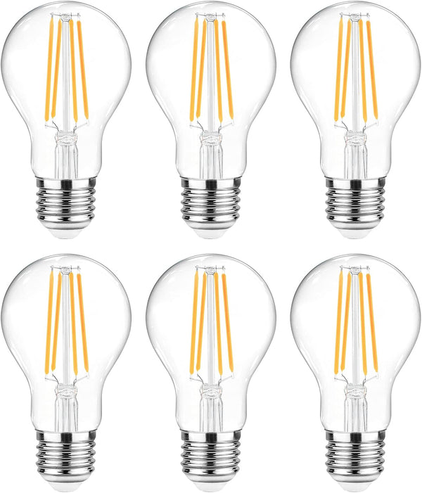 Ascher 60 Watt Equivalent, E26 LED Filament Light Bulbs, Warm White 2700K, Non-Dimmable, Classic Clear Glass, 6-Pack