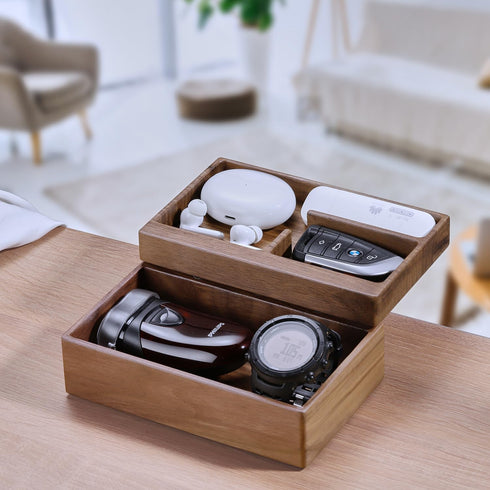 Walnut Wooden Valet Tray Box, Daily Supplies Organizer for Office Desk Storage