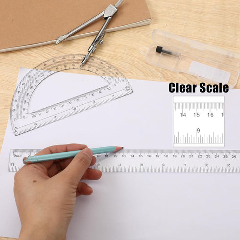 JJUNW Set, 3 12Inch Geometry Pcs Geometry Tools with Drawing Compass Clear Plastic Ruler Protractor Math Ruler