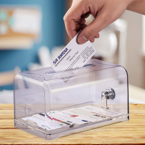 Tip / Donation / Suggestion / Business Card Collection Box with Lock in Clear Color by Polmart