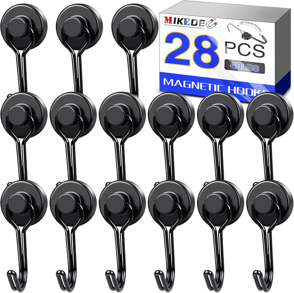 MIKEDE 40LBS Black Magnetic Hooks, Heavy Duty Swivel Swing Hooks for Fridge, Kitchen, Cruise Cabins - 28 Pack