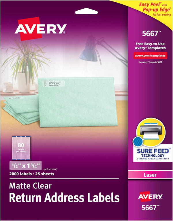 Avery Printable Return Address Labels with Sure Feed, 0.5" x 1.75", Matte Clear, 2,000 Blank Mailing Labels