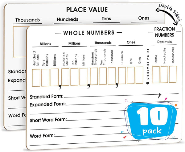 SCRIBBLEDO 10 Pack Place Value Board 9" x 12" Double Sided Dry Erase Boards for Teaching Math Values