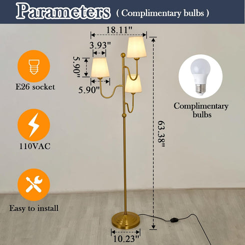 Dimmable 3 YYJLX Modern Floor Lamp with Switch Light Tree Standing Tall Lamp with Linen Drum Shade Mid Century Gold
