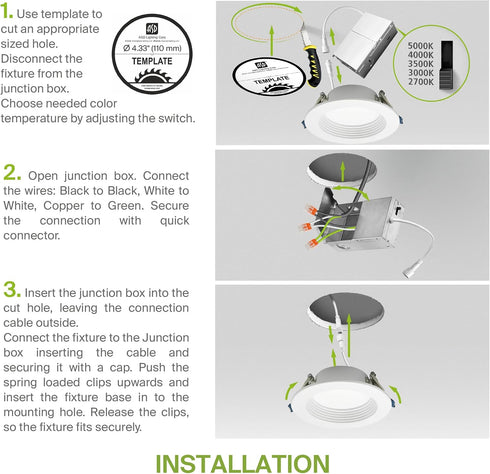 1 Pack 4 Inch 10W 889LM, 5CCT 2700K-5000K CRI90+, Dimmable T24, ASD Deep Regressed Baffle Trim Recessed Light, LED
