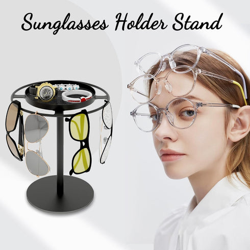 LSK Metal Sunglasses Organizer, Eyeglasses Holder Stand with Storage Tray, Anti-Slip Pads for Desk, Matte Black