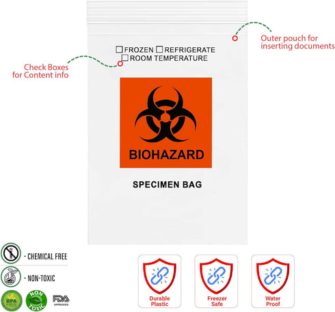 GPI - 100 Pack Biohazard Specimen Zip Bags, 6" X 9", With Pouch, 2 Mil Thick for Laboratory or Health Care Facility